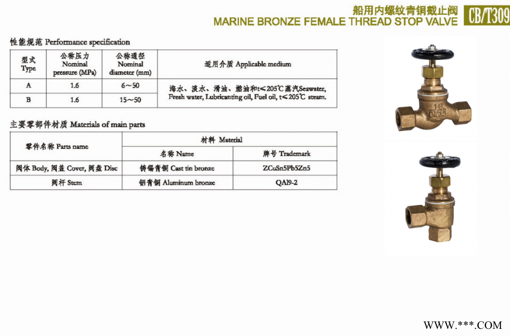 船用内螺纹青铜截止阀CB/T309-1999图1